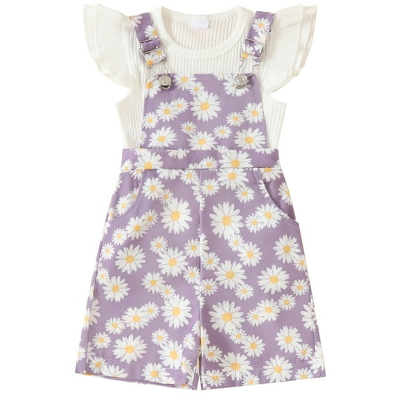 Gerichy Toddler Kids Girl Shorts Outfit 12 18 24 Months 2T 3T 4T 5T Solid Color Ribbed Short Sleeve T-Shirt with Daisy Print Overall Shorts 2 Pcs Summer Clothing