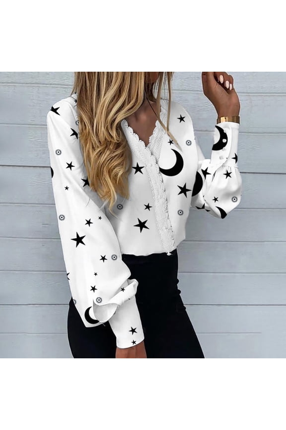 Women Tops Dressy Casual Long Sleeve, Womens V Neck Lace Shirts Puff Sleeve Button Down Casual Floral Stars Print Blouses Tops Elegant Work Office Business Tunics Fall Female