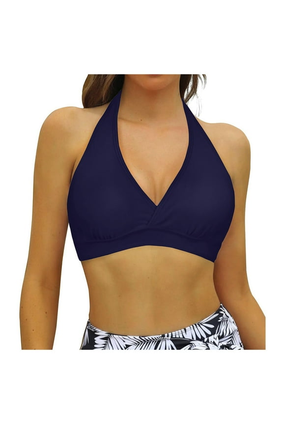 Women's Supportive Halter Bikini Padded Push Up Ruched Bust Hook Back Swimsuit Bathing Suit Tops Only Dark Blue,M