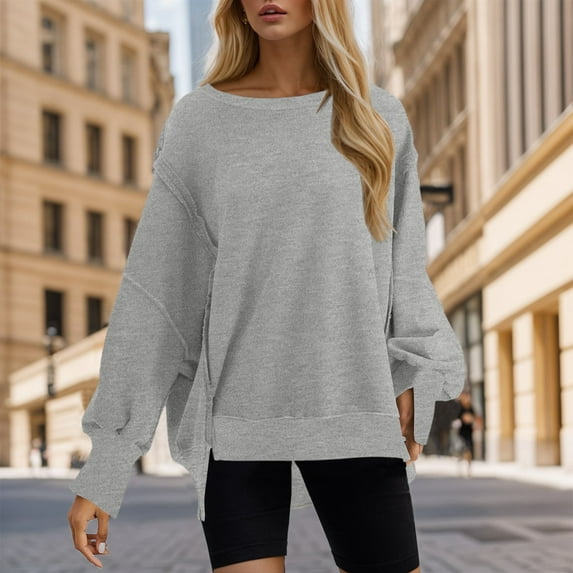 Gerichy Womens Oversized Crewneck Solid Color Sweatshirt Side Slit Long Sleeve Pullover Slouchy Fit Tops Hoodies for Women Long Sleeve Shirts for Women