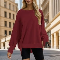 Gerichy Womens Oversized Crewneck Solid Color Sweatshirt Side Slit Long Sleeve Pullover Slouchy Fit Tops Hoodies for Women Long Sleeve Shirts for Women