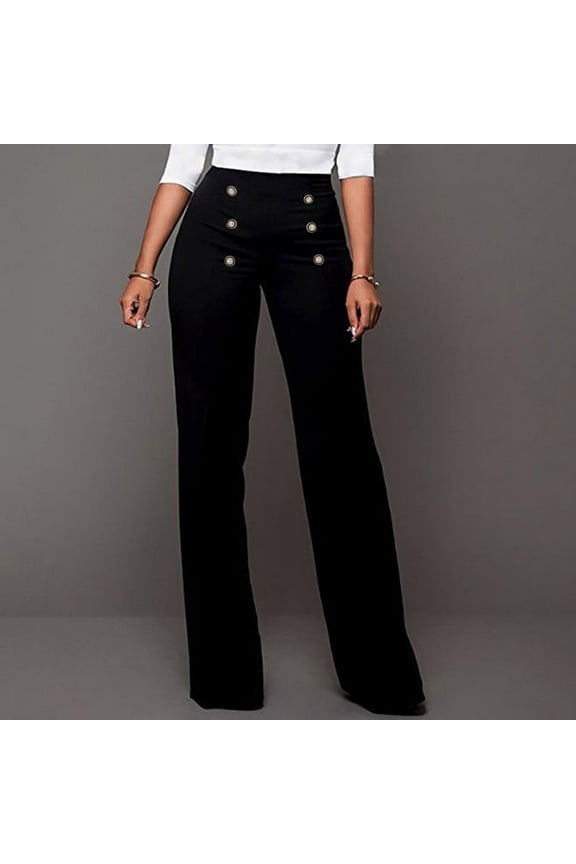 Womens Stretchy Dresses Pants Casual Work Slacks Business Button Front Workwear Straight Leg Bootcut Yoga Trousers Solid Waisted Fashion Cut Boot Legs Trousers High Casual Women Loose Pants