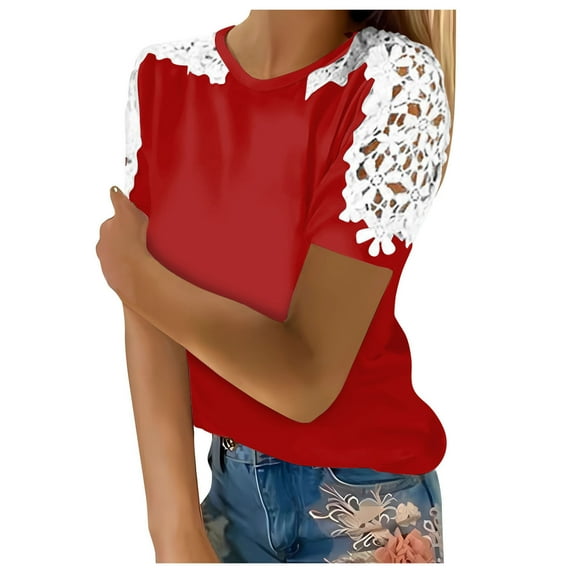 Gerichy Womens Summer Tops, T-Shirts for Women Trendy Lace Floral Loose Patchwork Womens Blouses and Tops Dressy Casual Summer Crewneck Short Sleeve Tshirts Shirts Tunic for women