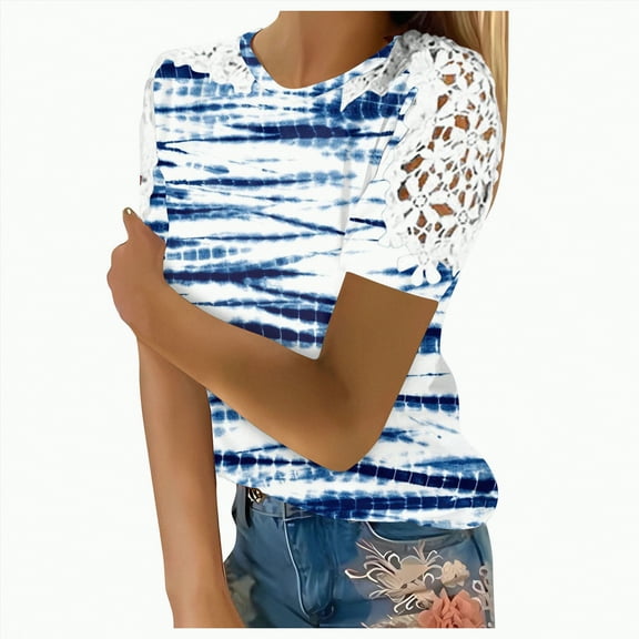 Gerichy Womens Summer Tops, T-Shirts for Women Trendy Lace Floral Loose Patchwork Womens Blouses and Tops Dressy Casual Summer Crewneck Short Sleeve Tshirts Shirts Tunic for Women Womens Tops Blouses