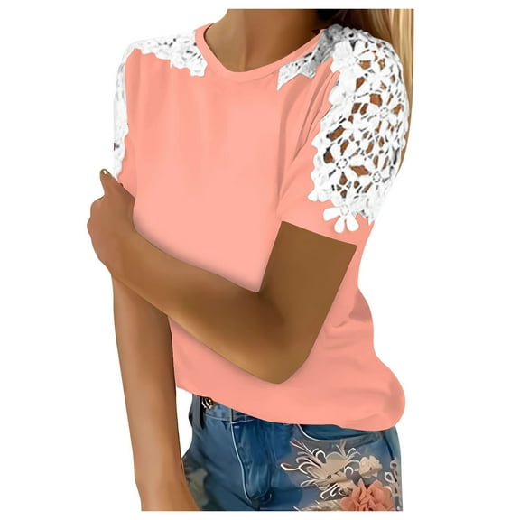 Gerichy Womens Summer Tops, T-Shirts for Women Trendy Lace Floral Loose Patchwork Womens Blouses and Tops Dressy Casual Summer Crewneck Short Sleeve Tshirts Shirts Tunic for women