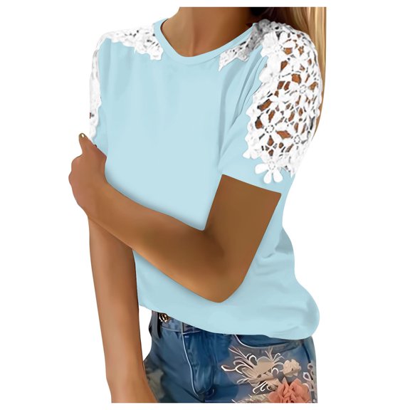 Gerichy Womens Summer Tops, T-Shirts for Women Trendy Lace Floral Loose Patchwork Womens Blouses and Tops Dressy Casual Summer Crewneck Short Sleeve Tshirts Shirts Tunic for women