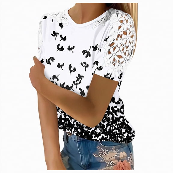 Gerichy Womens Summer Tops, T-Shirts for Women Trendy Lace Floral Loose Patchwork Womens Blouses and Tops Dressy Casual Summer Crewneck Short Sleeve Tshirts Shirts Tunic for Women Womens Tops Blouses