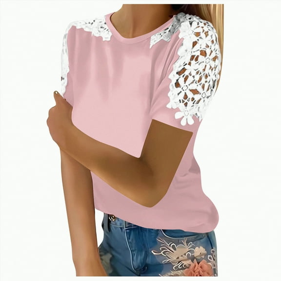 Gerichy Womens Summer Tops, T-Shirts for Women Trendy Lace Floral Loose Patchwork Womens Blouses and Tops Dressy Casual Summer Crewneck Short Sleeve Tshirts Shirts Tunic for Women Womens Tops Blouses