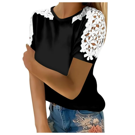 Gerichy Womens Summer Tops, T-Shirts for Women Trendy Lace Floral Loose Patchwork Womens Blouses and Tops Dressy Casual Summer Crewneck Short Sleeve Tshirts Shirts Tunic for women