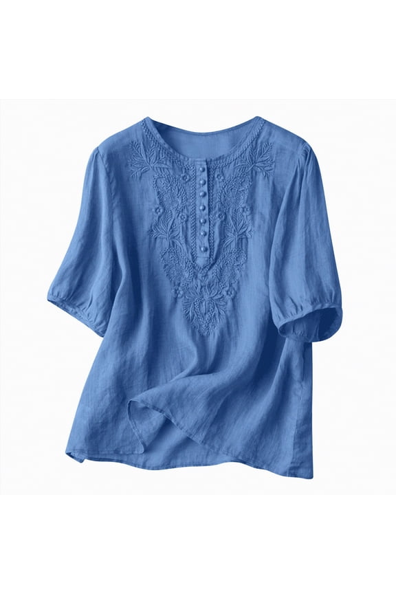 Womens Summer Tops, Vintage 3/4 Sleeve Linen Tunic Tops for Women Floral Embroidered Tops Peasant Blouse Boho Shirts Bohemian Casual Tee