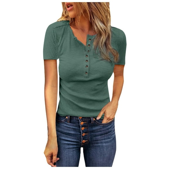 Gerichy Womens Summer Tops, Women Summer Henley Tunic Top V Neck Short Sleeve Button UP Solid Slim Fit Casual Ribbed Knit Shirt Blouses