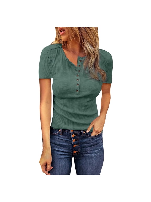 Womens Summer Tops, Women Summer Henley Tunic Top V Neck Short Sleeve Button UP Solid Slim Fit Casual Ribbed Knit Shirt Blouses