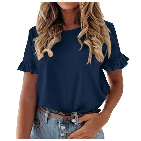 Gerichy Womens Summer Tops, Women's Short Sleeve Casual T Shirts Summer Ruffle Plain Round Neck Loose Fit Tee Blouse Tops