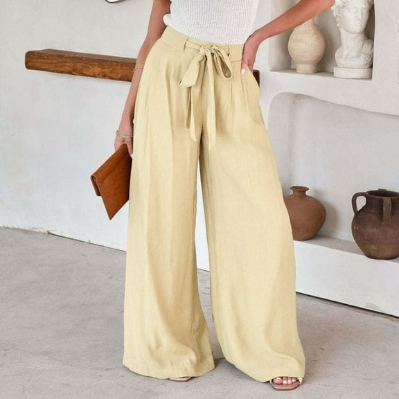 Gerichy Womens Wide Leg Lounge Pants with Pockets High Waisted Adjustable Tie Knot Loose Casual Trousers Dress Work Pants Solid Color Pants Baggy Elastic Waist Trouser Fashion High Straight Pant