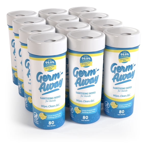 Germ-Away Sanitizing Hand Wipes Canister, Fits Cup Holder, Lemon Scent, 80 Count Each, Bulk 12 Pack Case (960 Total Wipes)