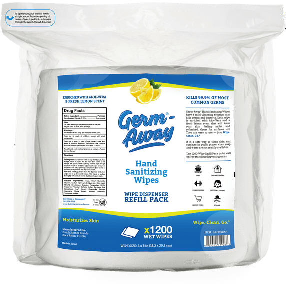 Germ-Away Sani Hand Wipes, 1200 Count Refill Rolls & Replacement Pouch for Dispensers