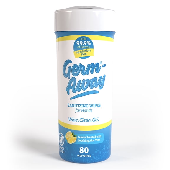 Germ-Away Sanitizing Hand Wipes Canister, Fits Cup Holder, Mild Lemon Scent, 80 Count, Travel & Car Use