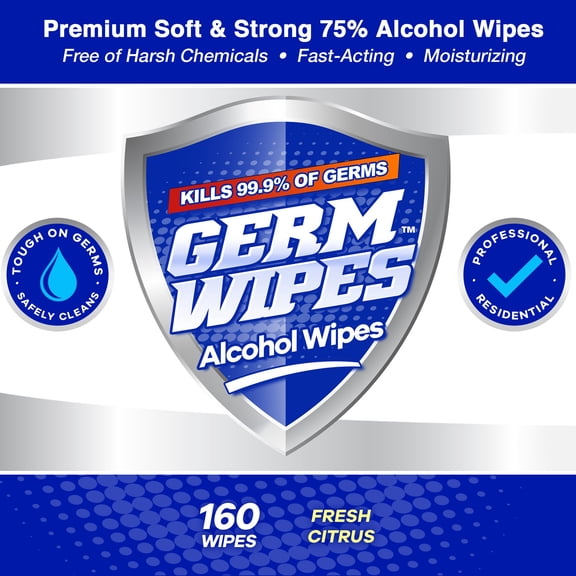 Germ Wipes - High Quality 75% Alcohol Wet Wipes - 160 Count Canister 12 Pack