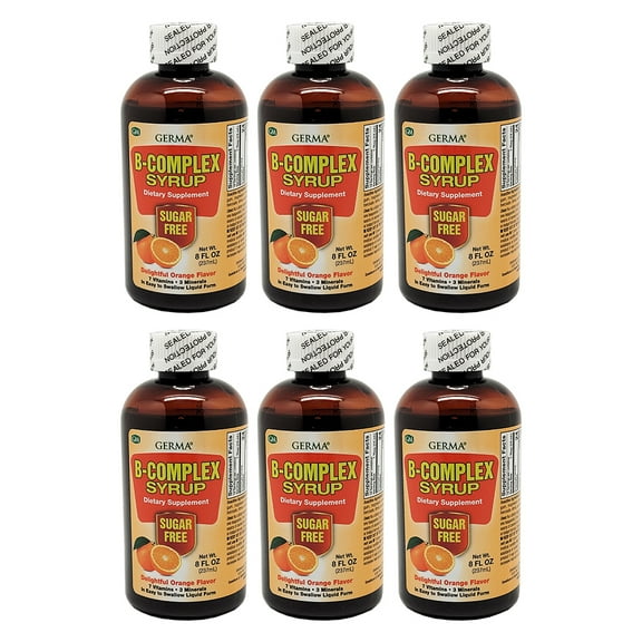 Germa B-Complex Syrup. Dietary Supplement. Bone Health, Growth and Development Aid. Sugar Free. Orange Flavor. 8 oz. Pack of 6