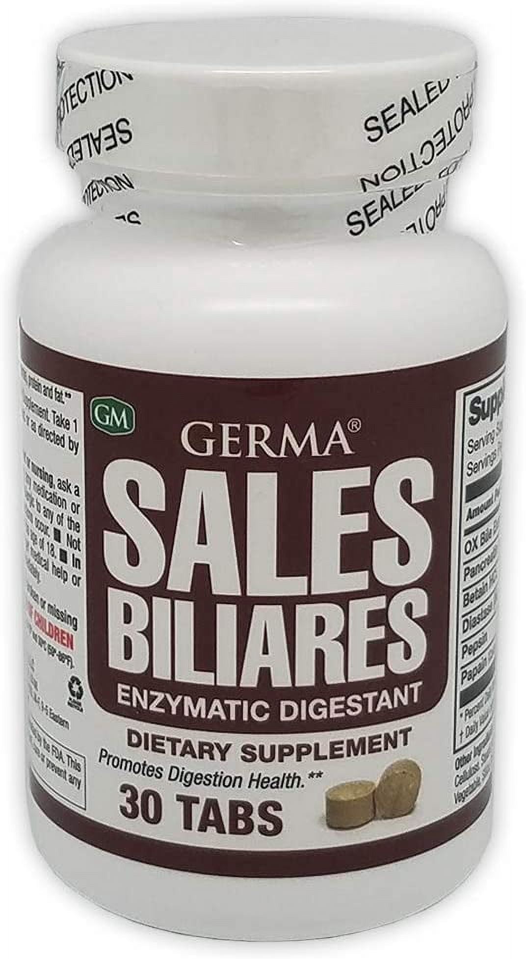 Germa Bile Salts Natural Dietary Supplement, for Liver Support / Sales Biliares Suplemento Dietetico Natural, Ayuda Higado 30 Tabs