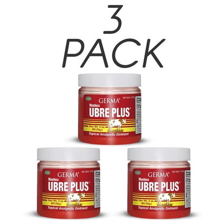 Germa Manteca Ubre Plus. Natural Topical Analgesic Ointment. Fast Relief For Minor Aches, Pains and Strains. Red. 3 oz. Pack of 3