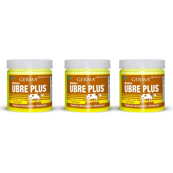 Germa Manteca Ubre Plus. Natural Topical Analgesic Ointment. Fast Relief For Minor Aches, Pains and Strains. Yellow. 3 Oz. Pack of 3