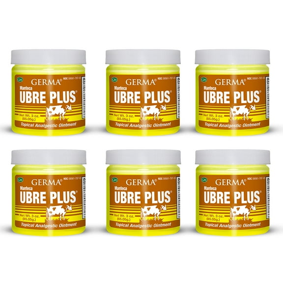 Germa Manteca Ubre Plus. Natural Topical Analgesic Ointment. Fast Relief For Minor Aches, Pains and Strains. Yellow. 3 oz. Pack of 6