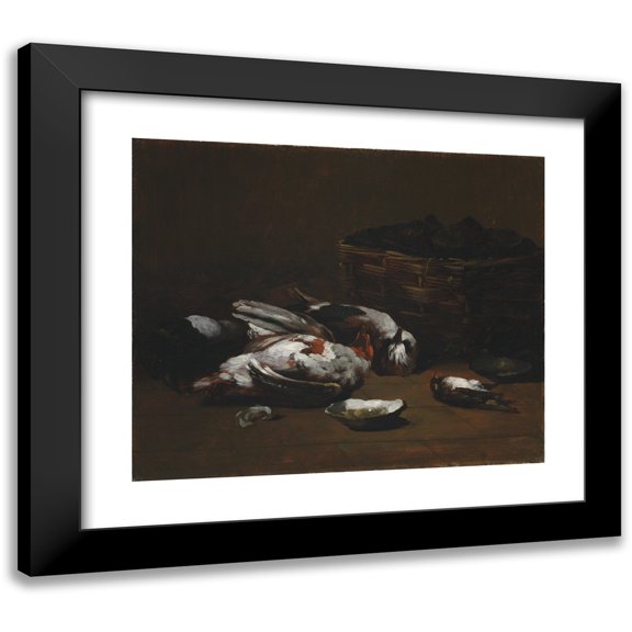 Germain-Théodore Ribot 14x12 Black Modern Framed Museum Art Print Titled - Still Life with Dead Birds and a Basket of Oysters (C. 1860 - 1880)