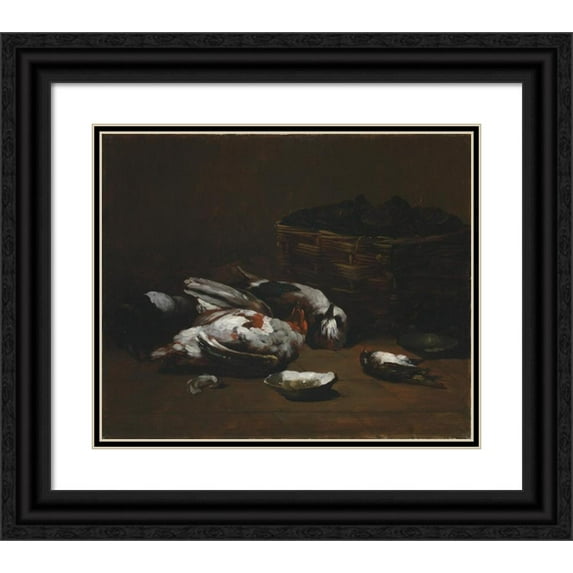 Germain-Théodore Ribot 14x12 Black Ornate Wood Framed Double Matted Museum Art Print Titled: Still Life with Dead Birds and a Basket of Oysters (C. 1860 - 1880)