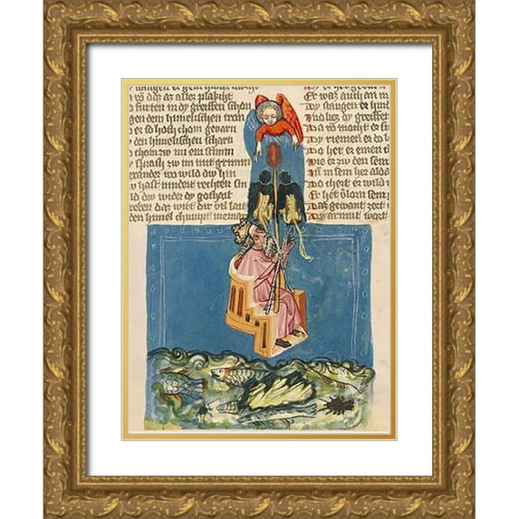 German 15th Century 15x18 Gold Ornate Wood Framed with Double Matting Museum Art Print Titled - Alexander the Great in the Air (detail)