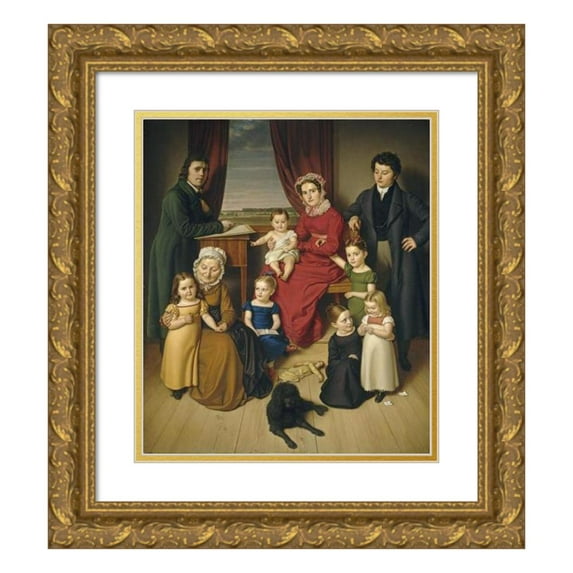 German 19th Century 12x14 Gold Ornate Wood Frame and Double Matted Museum Art Print Titled - An Artist and His Family (C. 1830)