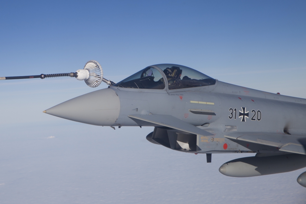 German Air Force Eurofighter Typhoon during in-flight refueling Canvas Art - Timm ZiegenthalerStocktrek Images (18 x 12)