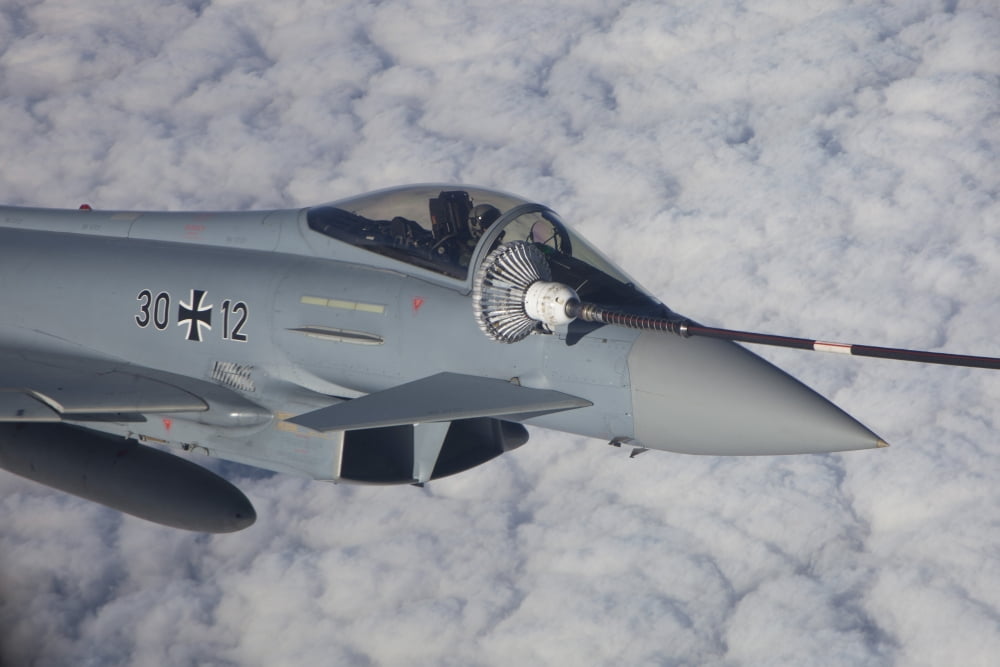 German Air Force Eurofighter Typhoon during in-flight refueling Canvas Art - Timm ZiegenthalerStocktrek Images (35 x 23)