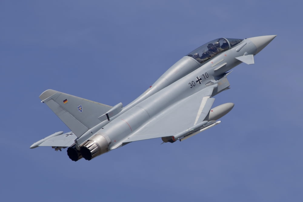 German Air Force Eurofighter Typhoon in flight over Germany Canvas Art - Timm ZiegenthalerStocktrek Images (18 x 12)