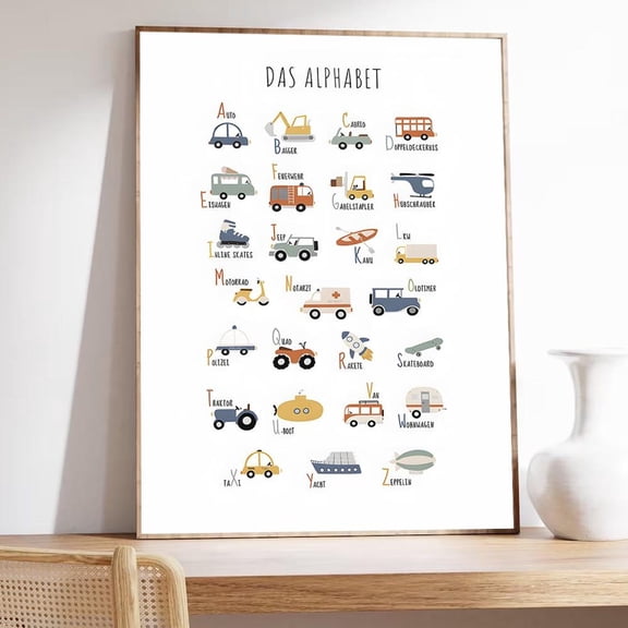 German Alphabet Vehicles Poster Educational Abc Wall Art Home Decor, 12x18 UNFRAMED
