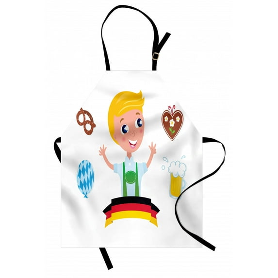 German Apron Bavarian Boy with Blonde Hair with Oktoberfest Symbols Beer Balloon and Pretzel, Unisex Kitchen Bib Apron with Adjustable Neck for Cooking Baking Gardening, Multicolor, by Ambesonne
