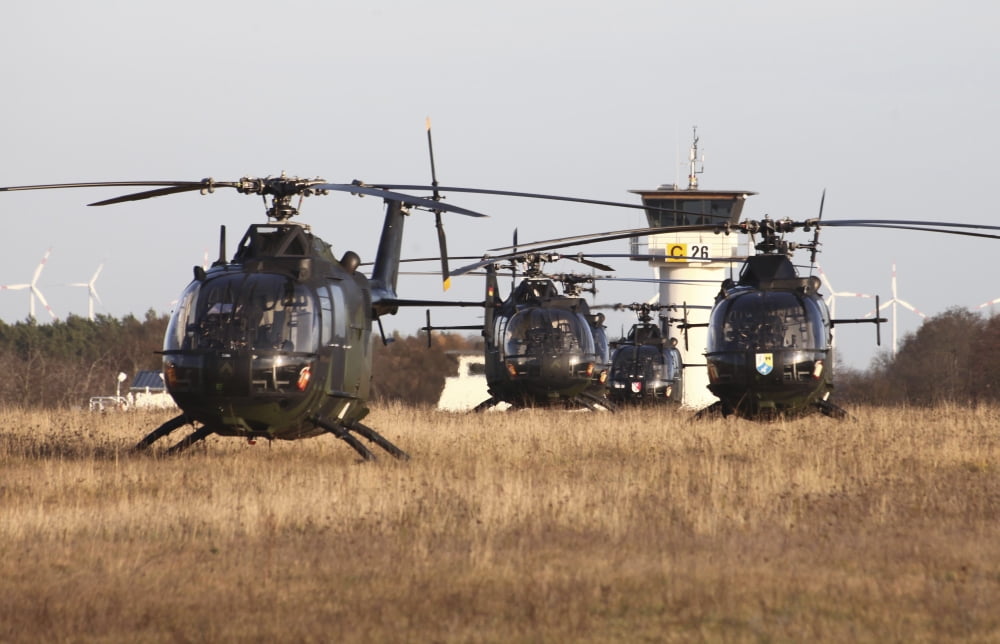 German Army Bo-105 helicopters Stendal Airfield Germany Canvas Art - Timm ZiegenthalerStocktrek Images (18 x 12)
