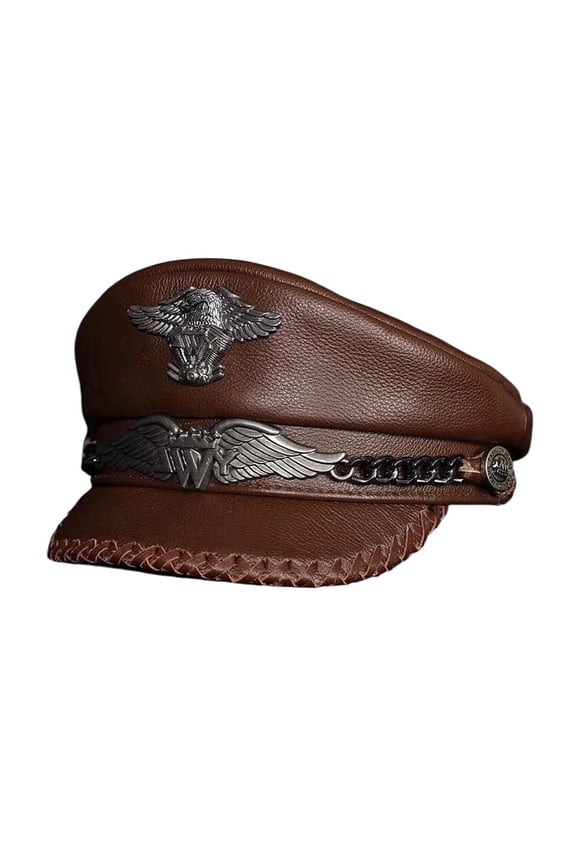 German Army Cap Man Genuine Leather Flat Top Hat Korean Fashion Mark Chain Punk Locomotive Hand Woven ,Beautiful Craftsmanship
