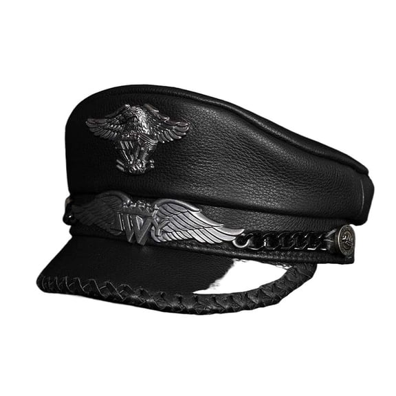 German Army Cap Man Genuine Leather Flat Top Hat Korean Fashion Mark Chain Punk Locomotive Hand Woven ,Durable Quality