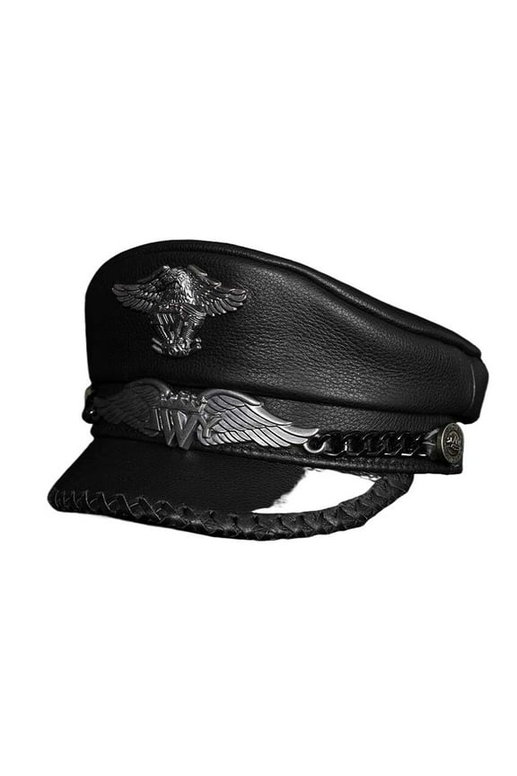 German Army Cap Man Genuine Leather Flat Top Hat Korean Fashion Mark Chain Punk Locomotive Hand Woven ,Durable Quality