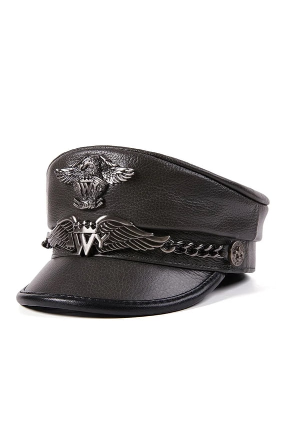 German Army Cap Natural Leather Flat Top Hat Men's Cowhide Captain's Cap Navy Hat Tide Warm Army Hat ,Beautiful Craftsmanship