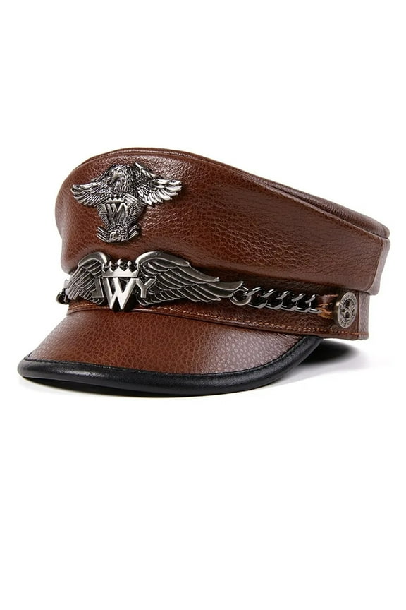German Army Cap Natural Leather Flat Top Hat Men's Cowhide Captain's Cap Navy Hat Tide Warm Army Hat ,Beautiful Craftsmanship