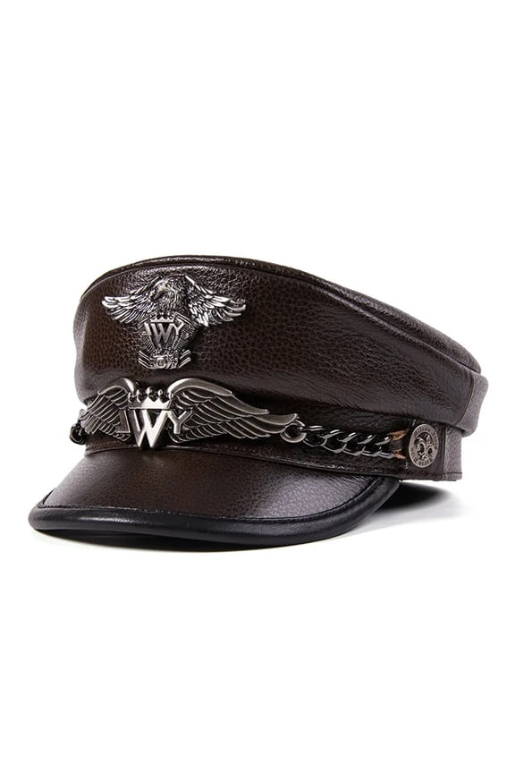 German Army Cap Natural Leather Flat Top Hat Men's Cowhide Captain's Cap Navy Hat Tide Warm Army Hat ,Unisex