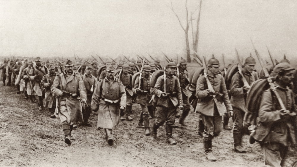 German And Austrian Soldiers Marching Shoulder To Shoulder Against The Russians During World War I From The Illustrated War News 1915 Canvas Art - Ken Welsh Design Pics (19 x 11)
