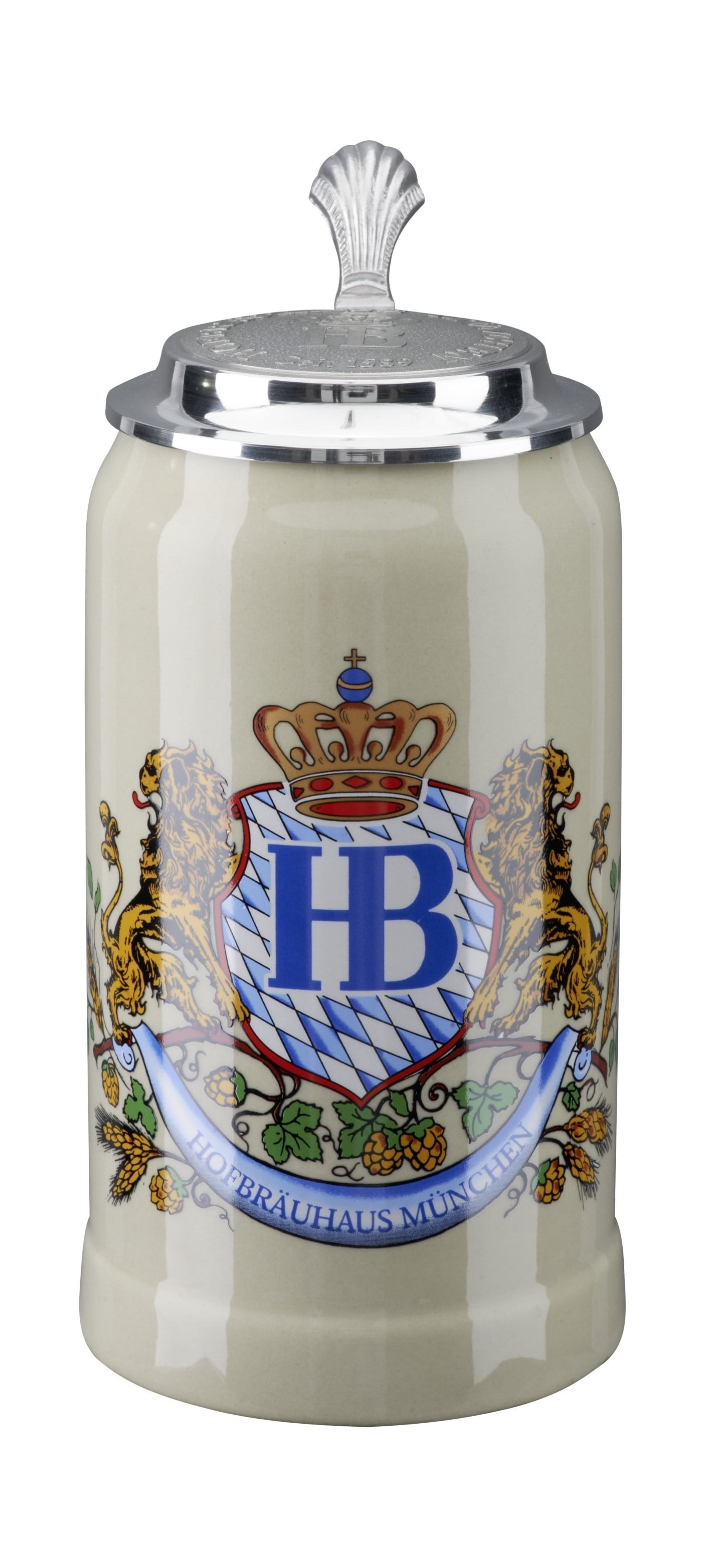 Original HB Hofbräuhaus München Bierkrug 1 Liter | Salzglasur Mit Löwendekor | Made In Germany