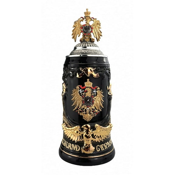 German Beer Stein 0,75 liter Gearman Eagle tankard, black beer mug with pewter Goldeagle, pewter Goldeaglelid and Goldeaglehandle