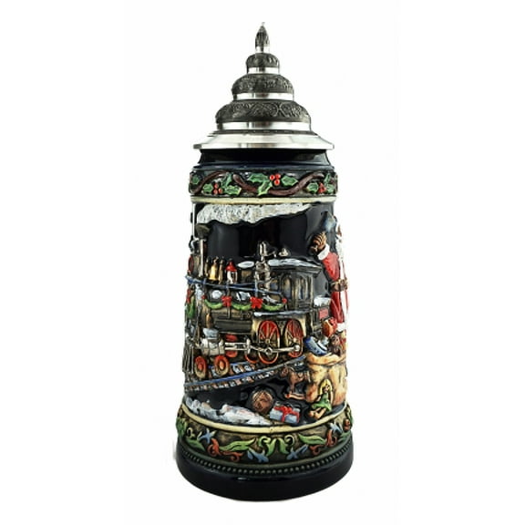 German Beer Stein 0,75 liter tankard, Santa's Train Stein, blue, unpainted with pewter lid