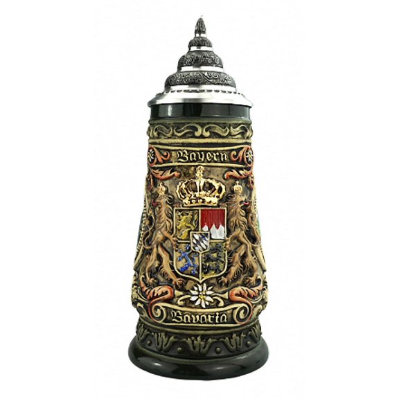German Beer Stein Bayern Stein 0.4 liter tankard, beer mug, rustic, colored, painted by hand, with pewter lid