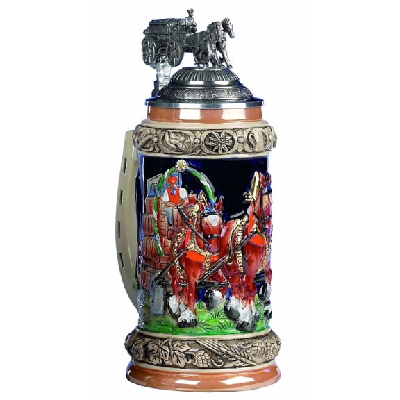 German Beer Stein Beerwaggonlid relief stein 0.75 liter tankard, beer mug