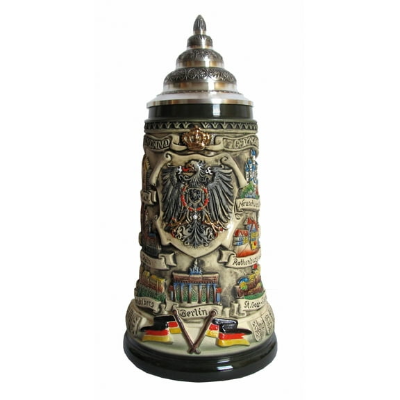 German Beer Stein Deutschland panorama stein, rustica, ptd. pewter lid, 1 liter tankard, beer mug